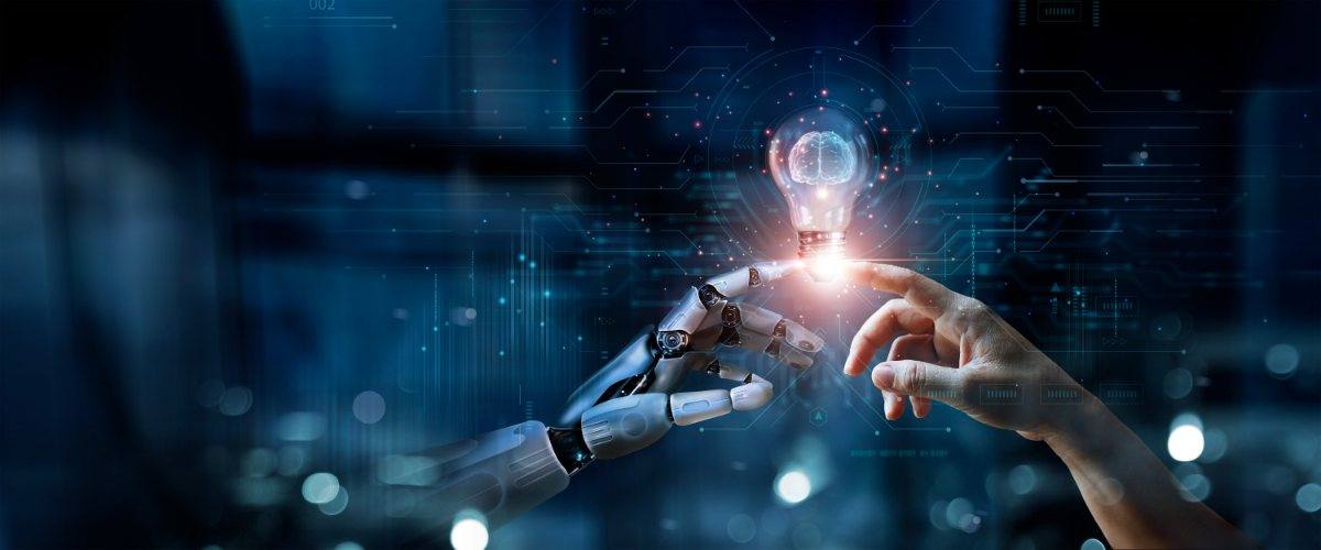 Robot hand and human hand exchanging glowing lightbulb with digital circuit background