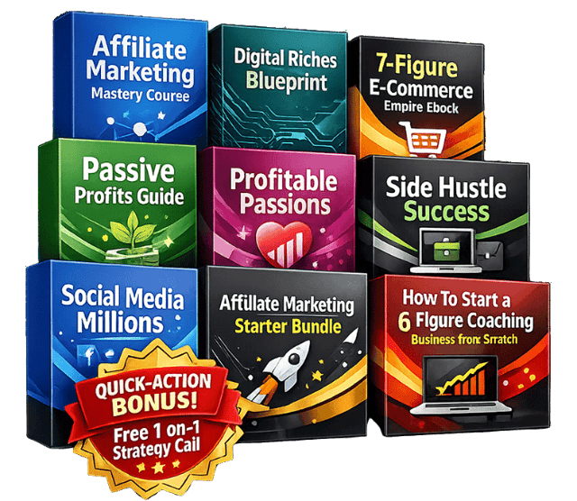 Collection of nine digital marketing and business training course boxes arranged in a 3x3 grid with a bonus offer badge
