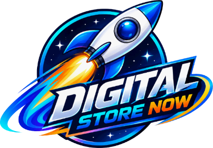 Rocket ship with blue window launching through space with "Digital Store Now" text logo