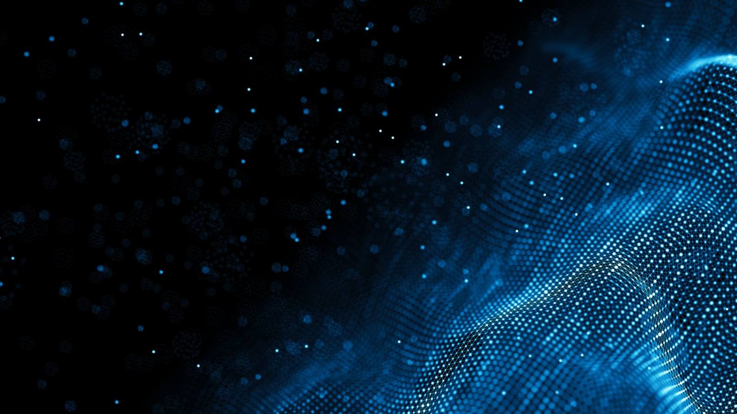 Blue digital particles and glowing dots flowing across black background representing technology and data