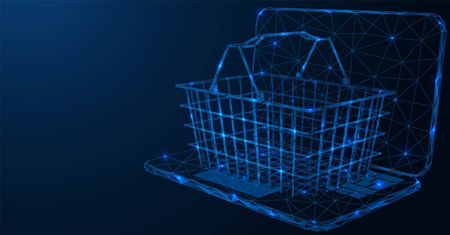 Digital wireframe illustration of shopping basket and smartphone in blue neon style